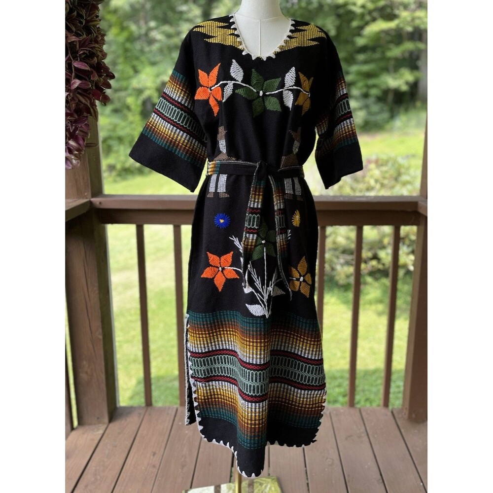 Vintage 70s 80s Folk Art Embroidered Woven Maxi Dress Belted Boho 44” Bust